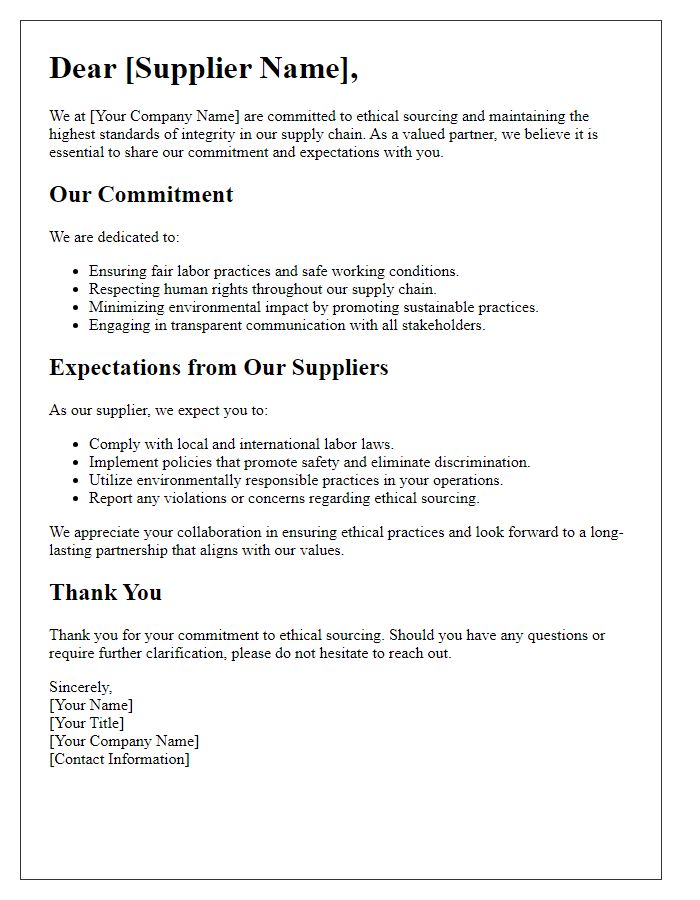 Letter template of ethical sourcing commitment to suppliers