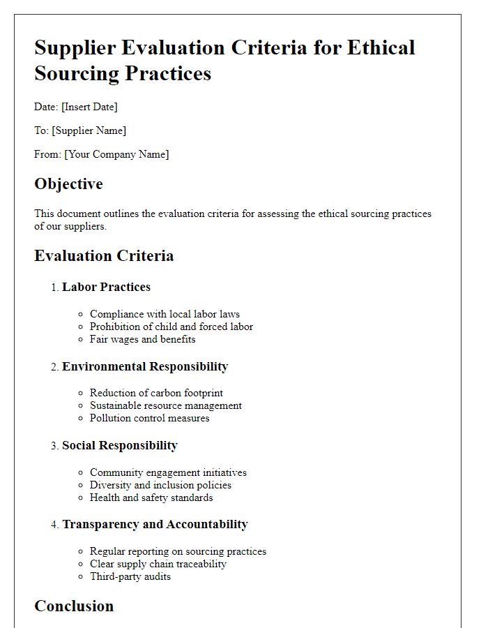 Letter template of evaluation criteria for supplier ethical sourcing practices