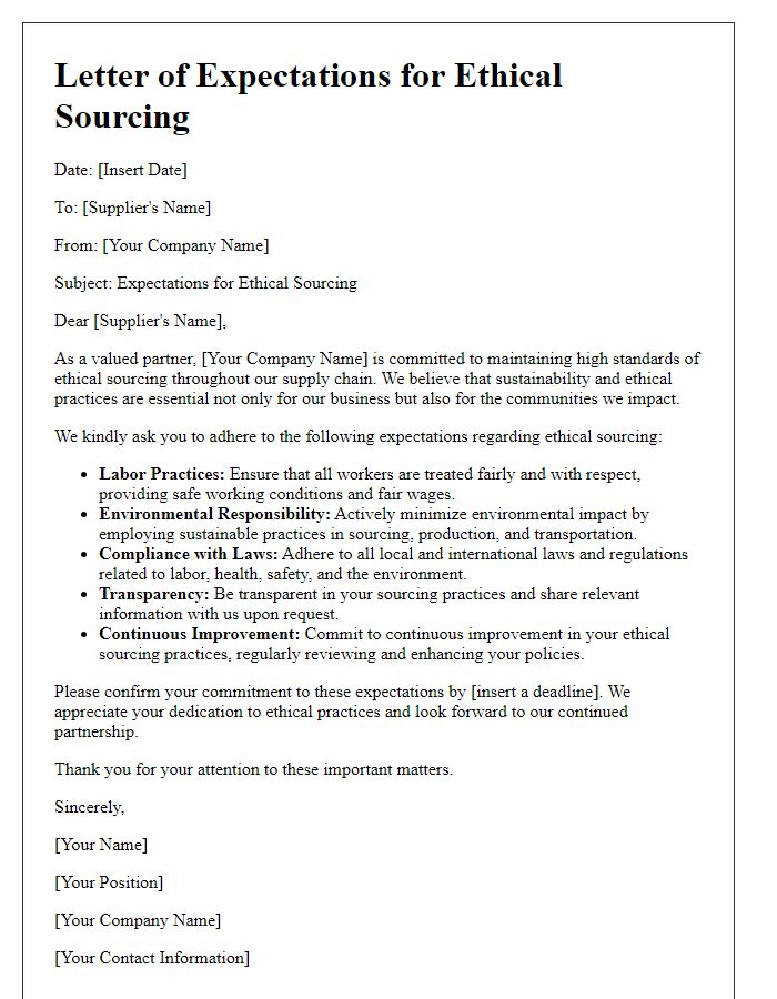 Letter template of expectations for ethical sourcing from our suppliers