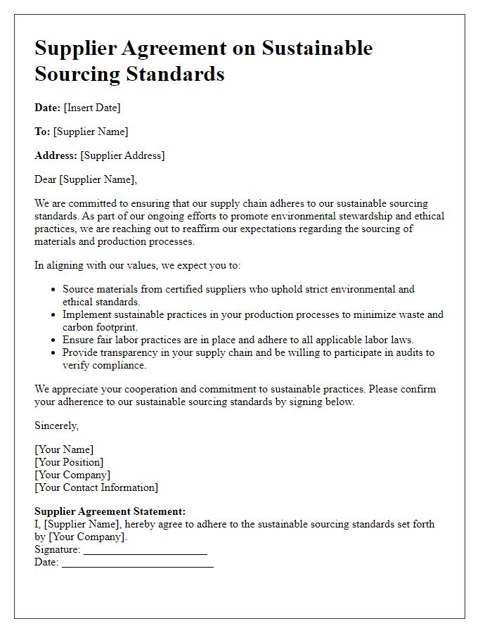 Letter template of supplier adherence to sustainable sourcing standards