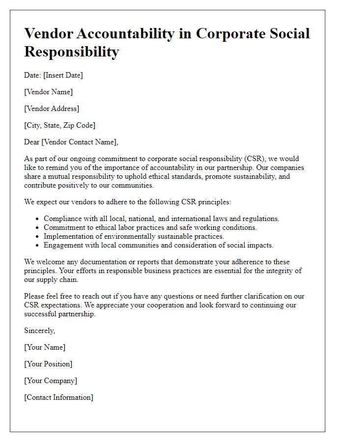 Letter template of vendor accountability in corporate social responsibility