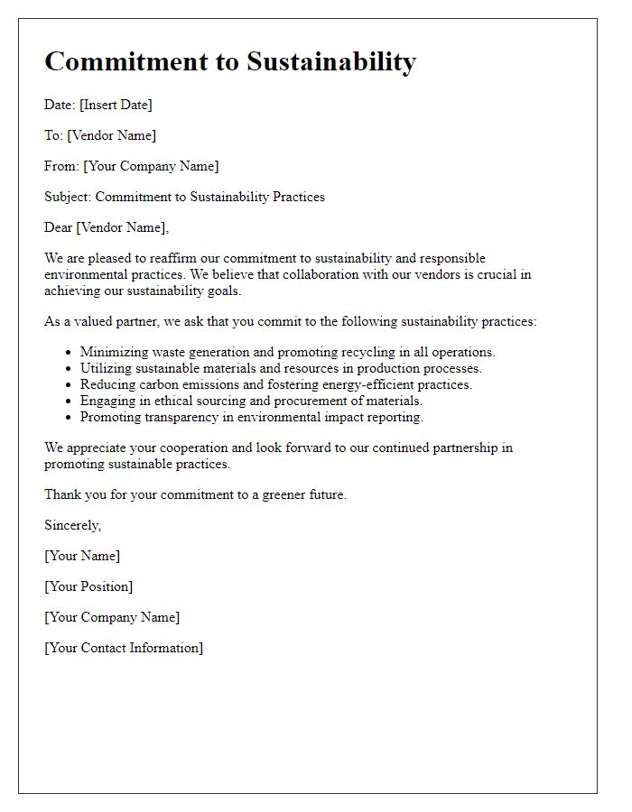 Letter template of vendor commitment to sustainability practices