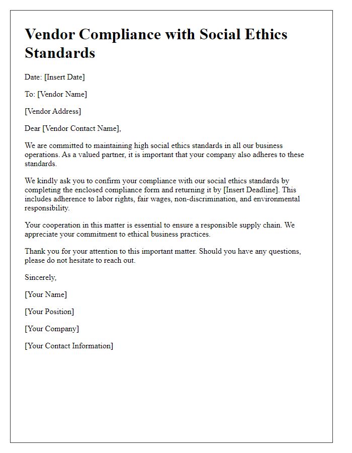 Letter template of vendor compliance with social ethics standards