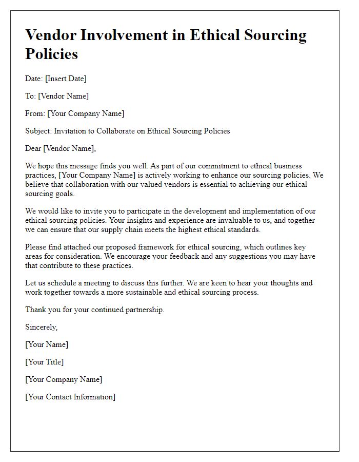 Letter template of vendor involvement in ethical sourcing policies