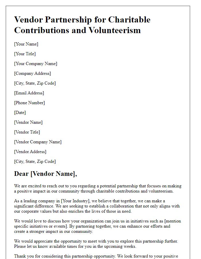 Letter template of vendor partnership for charitable contributions and volunteerism