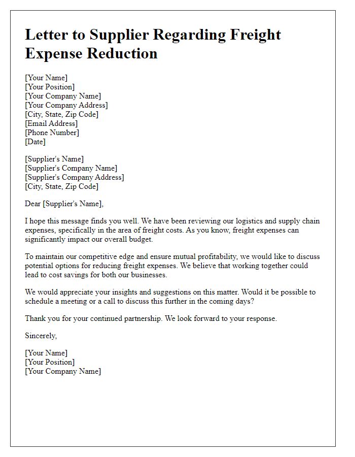 Letter template of freight expense reduction discussion with suppliers