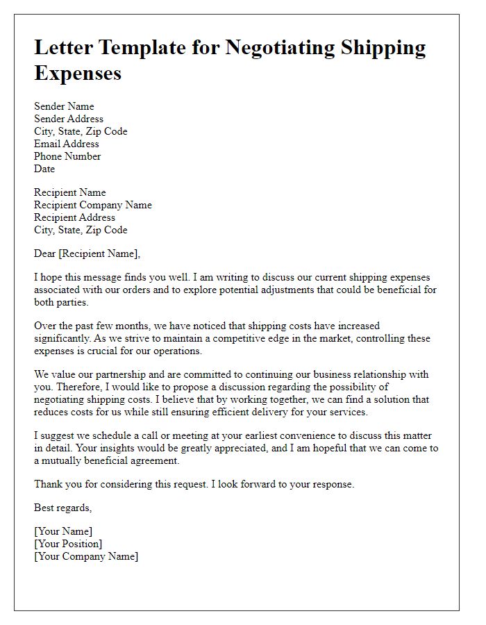 Letter template of negotiating shipping expenses with suppliers