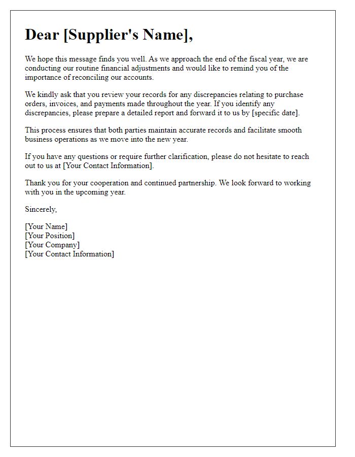 Letter template of end-of-year financial adjustment with suppliers