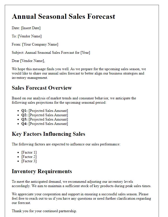 Letter template of annual seasonal sales forecast for vendors