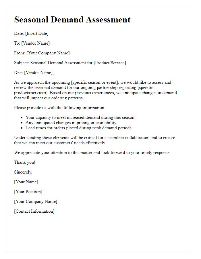 Letter template of seasonal demand assessment for vendor relationships