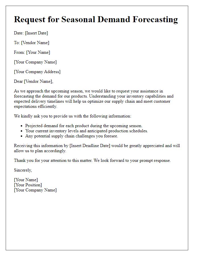 Letter template of seasonal demand forecasting request for vendors