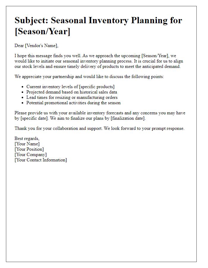 Letter template of seasonal inventory planning communication to vendors