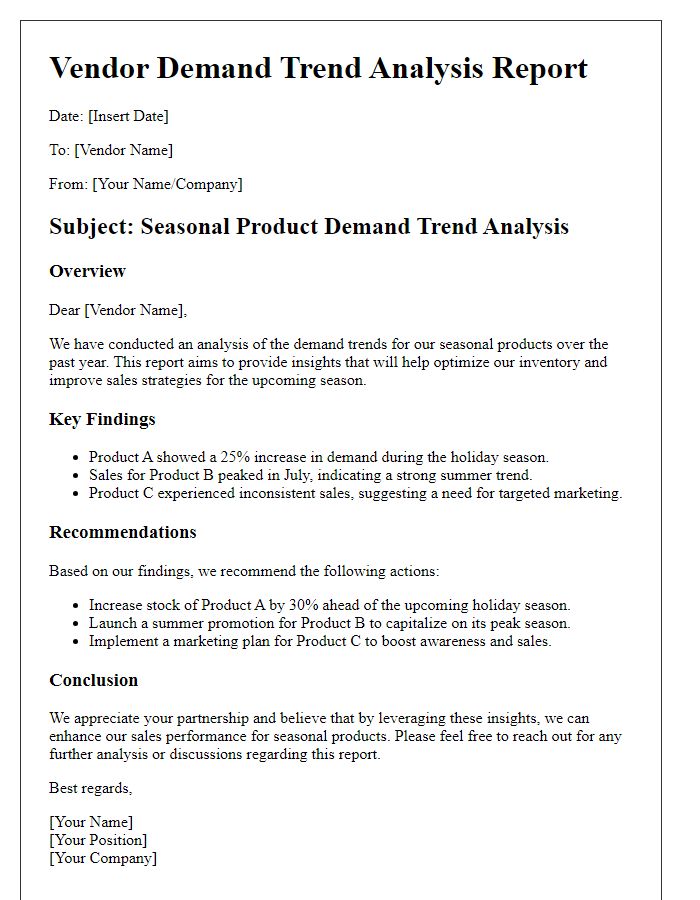 Letter template of vendor demand trend analysis for seasonal products