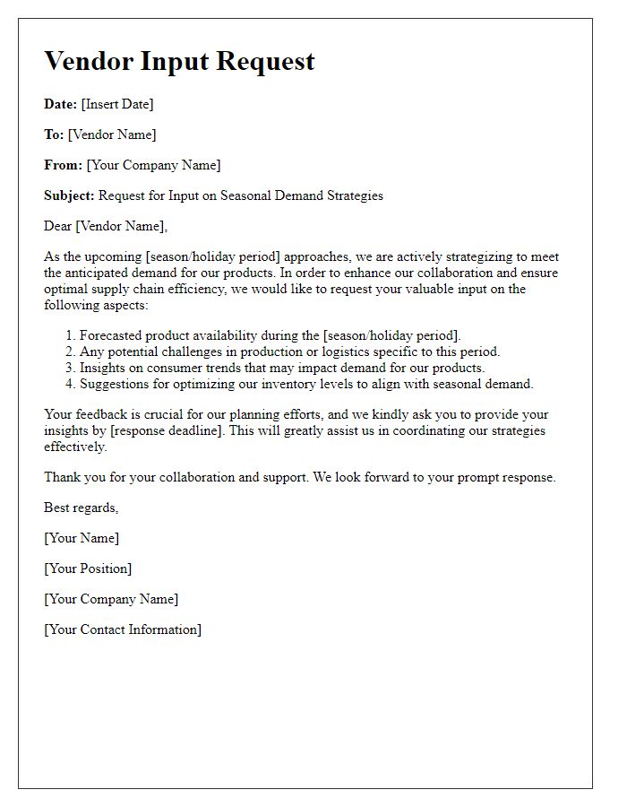 Letter template of vendor input request for seasonal demand strategies