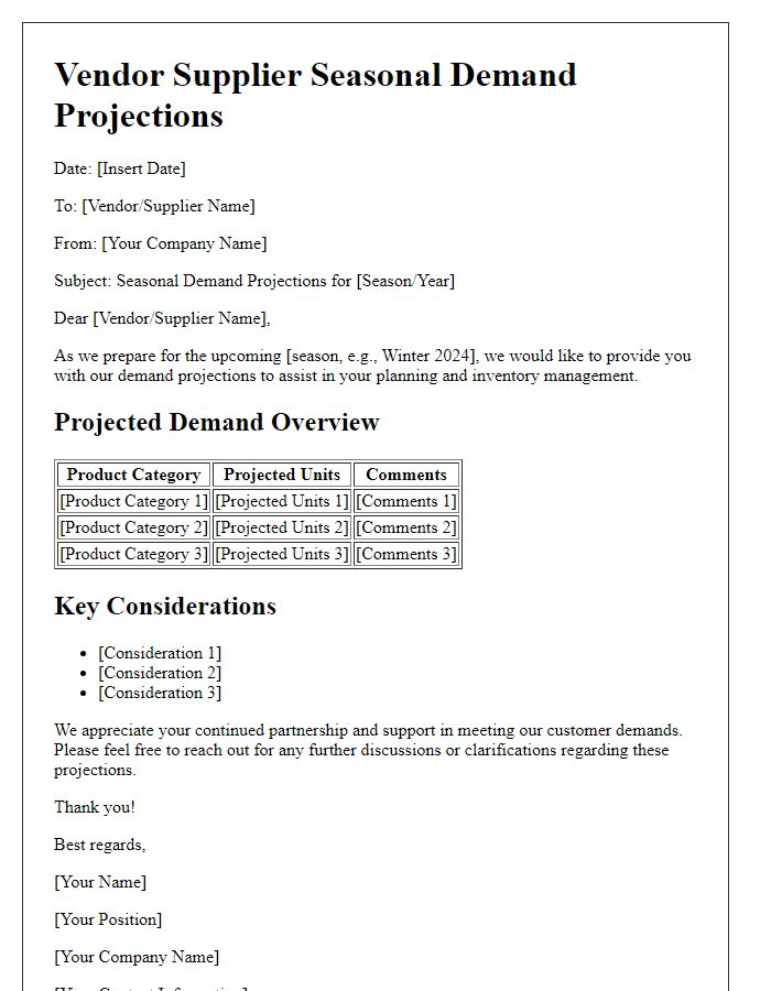 Letter template of vendor supplier seasonal demand projections