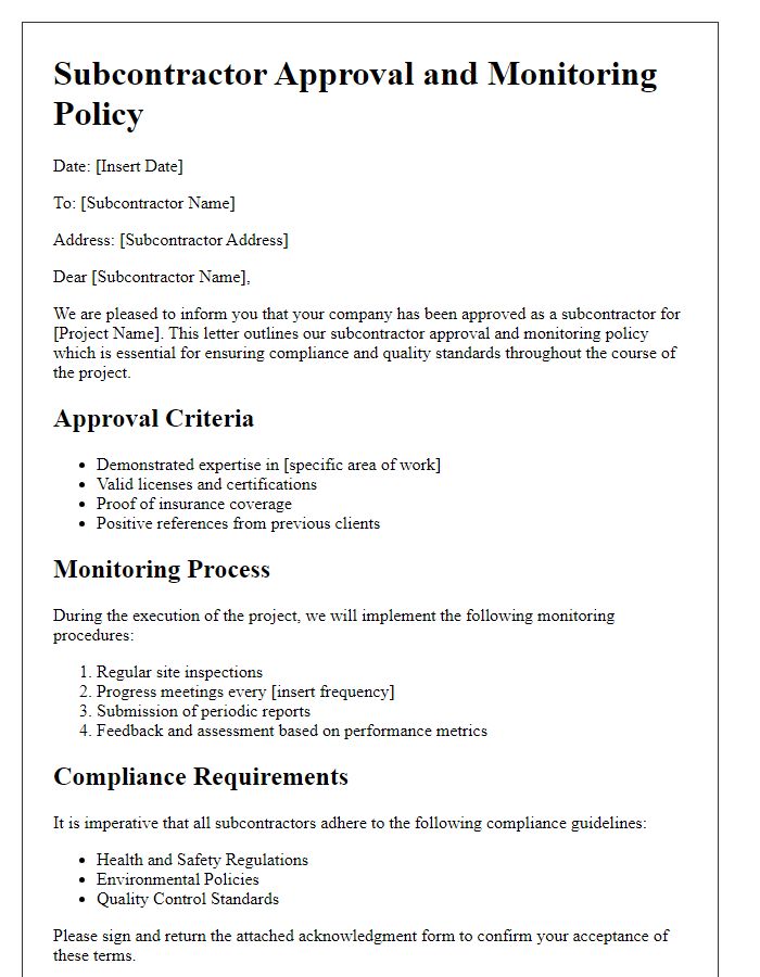 Letter template of Subcontractor Approval and Monitoring Policy