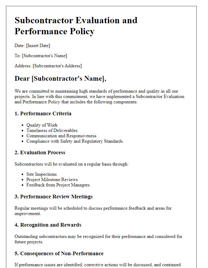 Letter template of Subcontractor Evaluation and Performance Policy