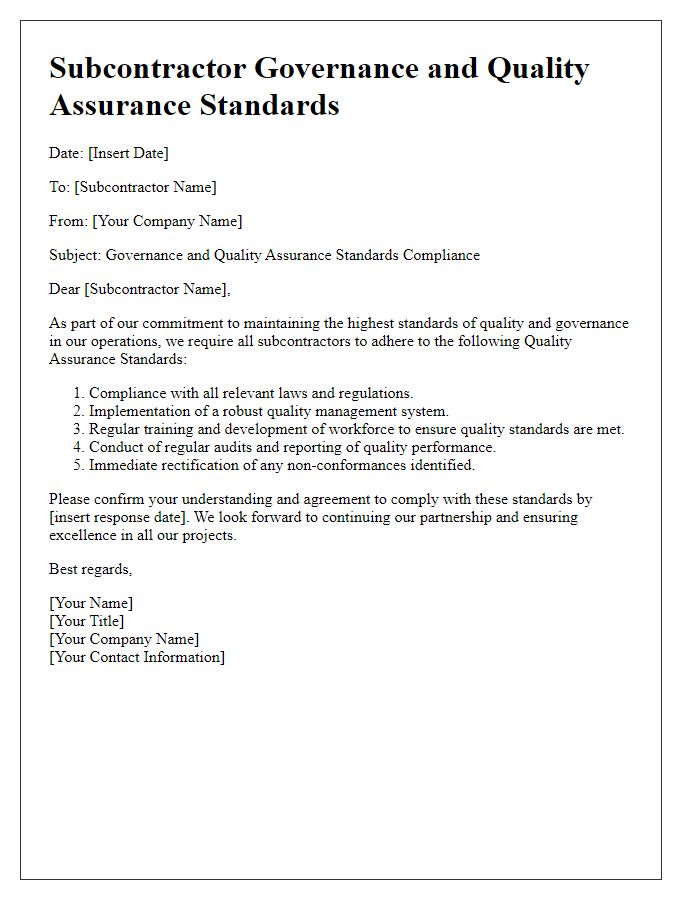 Letter template of Subcontractor Governance and Quality Assurance Standards