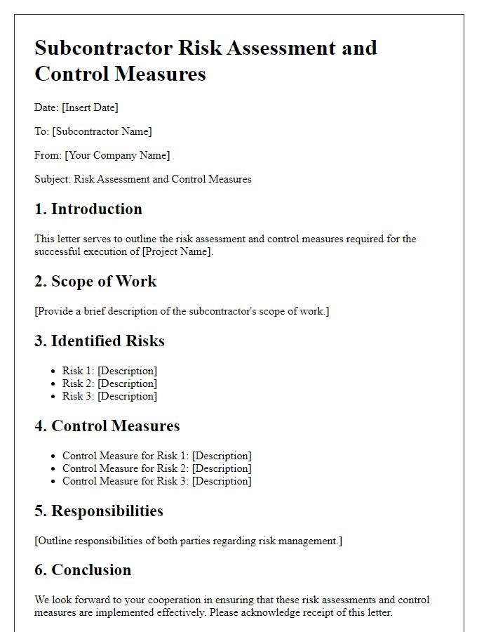 Letter template of Subcontractor Risk Assessment and Control Measures