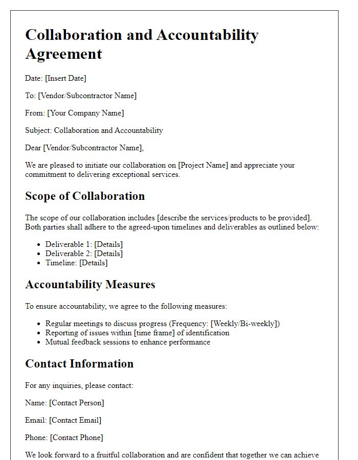 Letter template of Vendor/Subcontractor Collaboration and Accountability