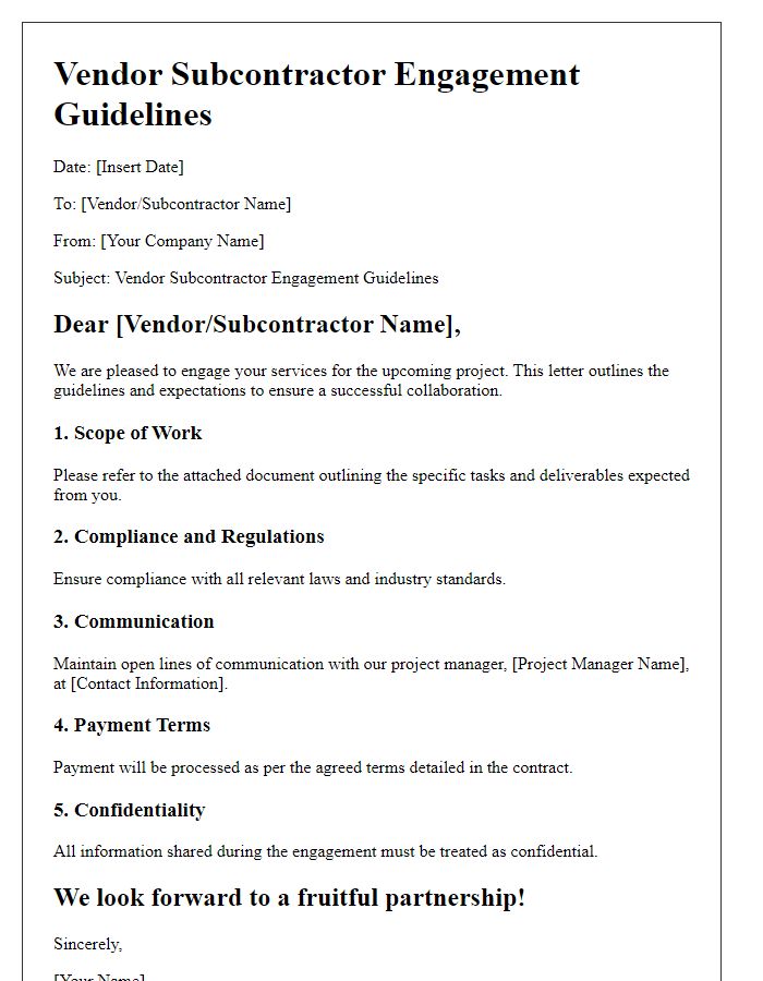 Letter template of Vendor Subcontractor Engagement Guidelines
