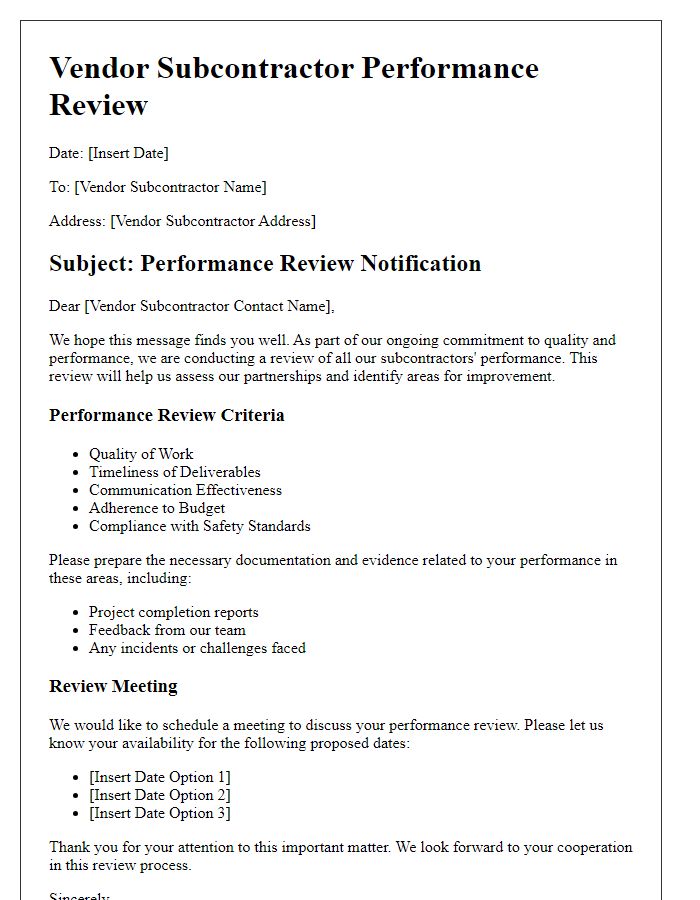 Letter template of Vendor Subcontractor Performance Review Process