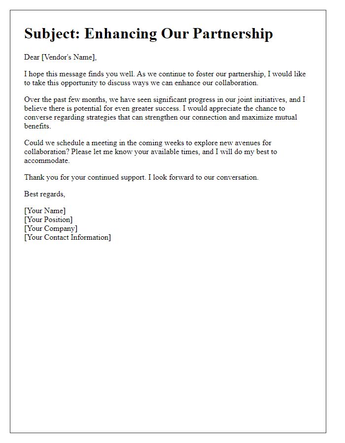 Letter template of vendor partnership enhancement conversation