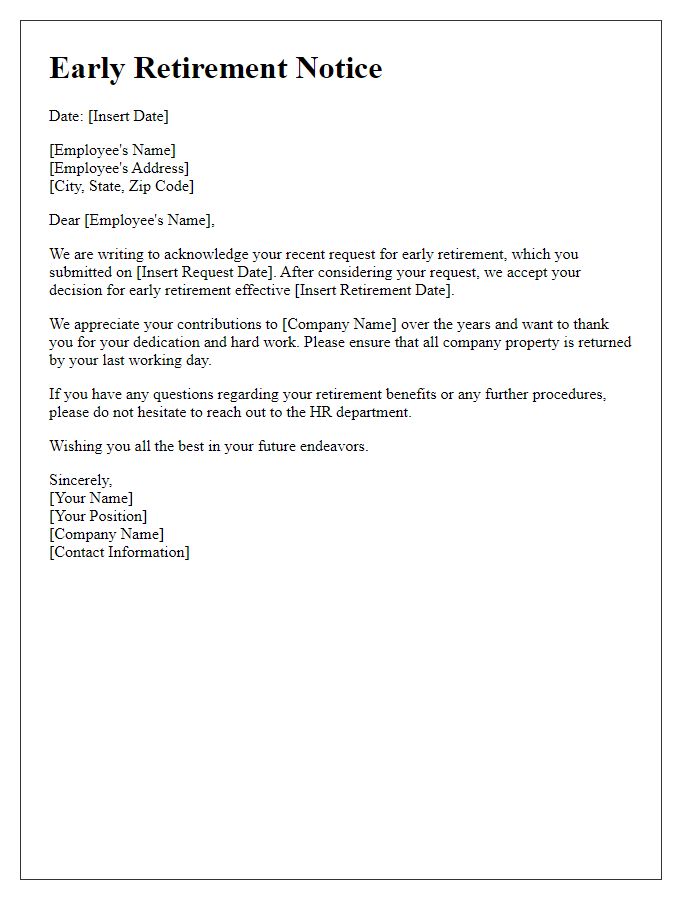 Letter template of early retirement notice for employees