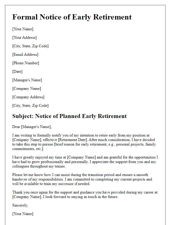 Letter template of formal notice for planned early retirement