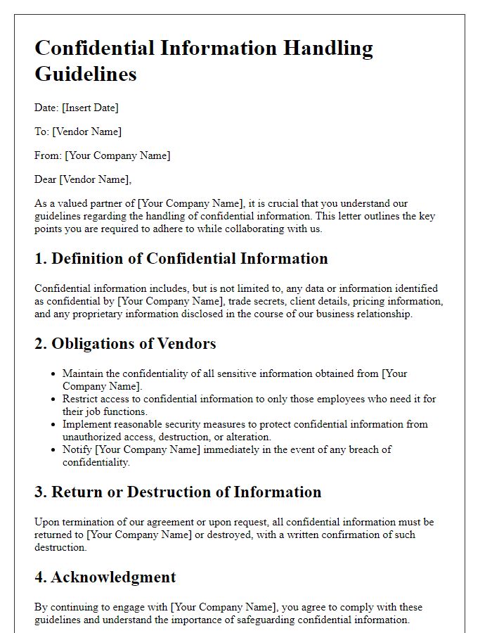 Letter template of confidential information handling guidelines for vendors