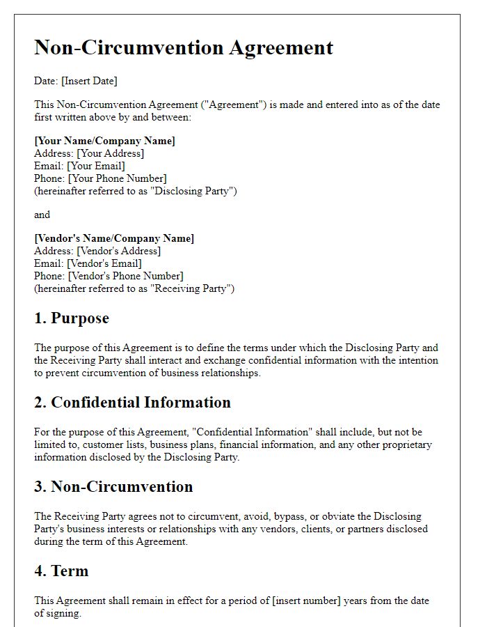 Letter template of non-circumvention agreement terms with vendors