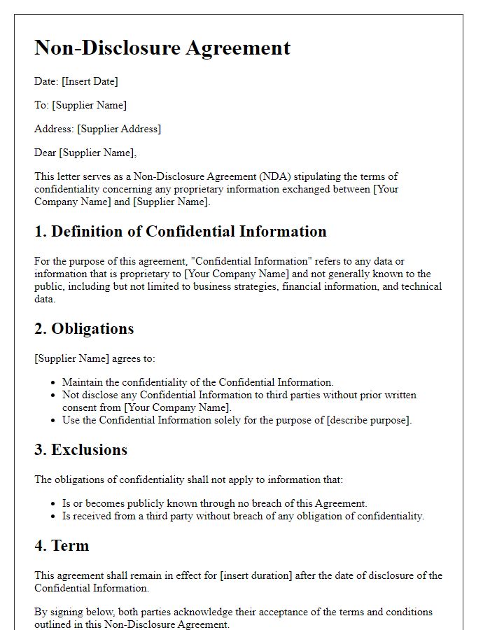 Letter template of non-disclosure stipulations for suppliers