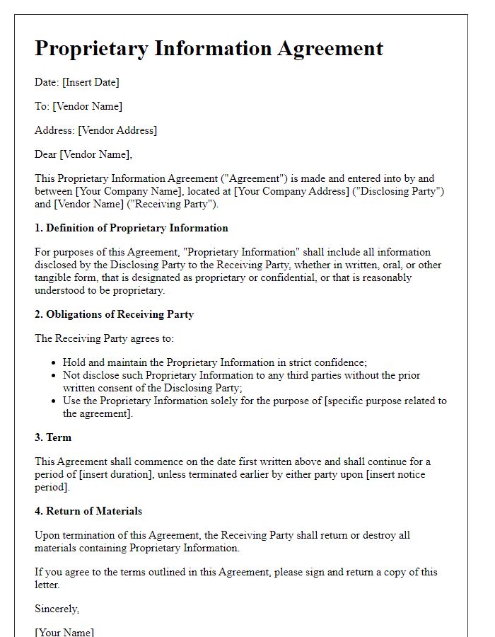 Letter template of proprietary information agreement for vendors