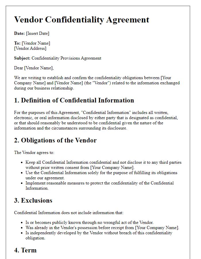 Letter template of vendor confidentiality provisions