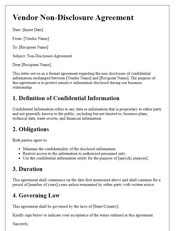 Letter template of vendor non-disclosure clauses