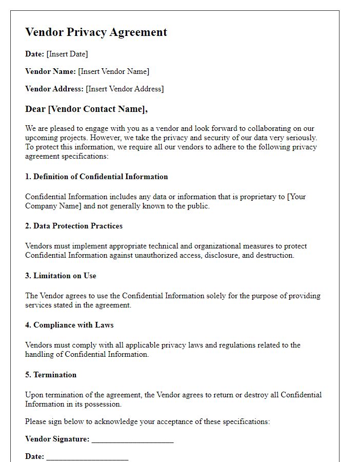 Letter template of vendor privacy agreement specifications