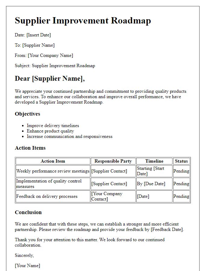 Letter template of supplier improvement roadmap