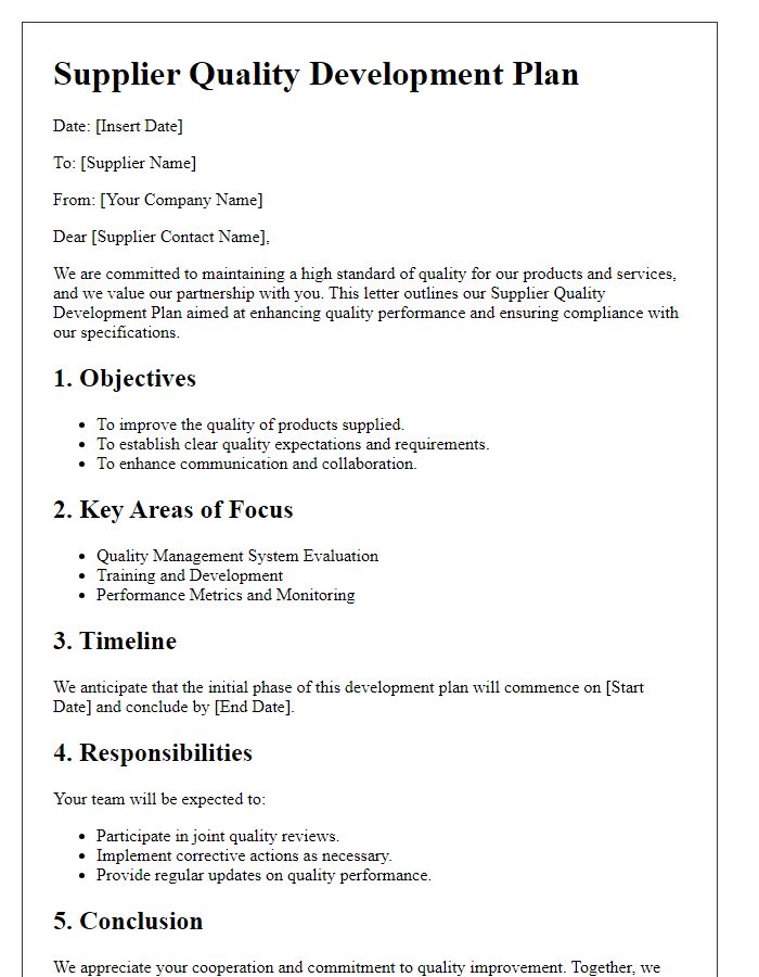 Letter template of supplier quality development plan