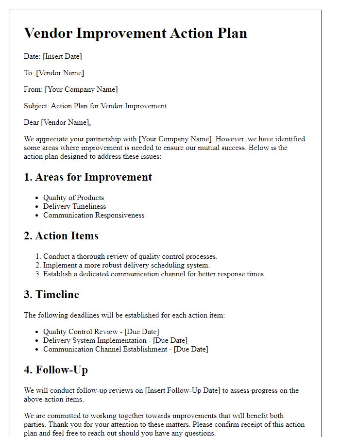 Letter template of vendor improvement action plan