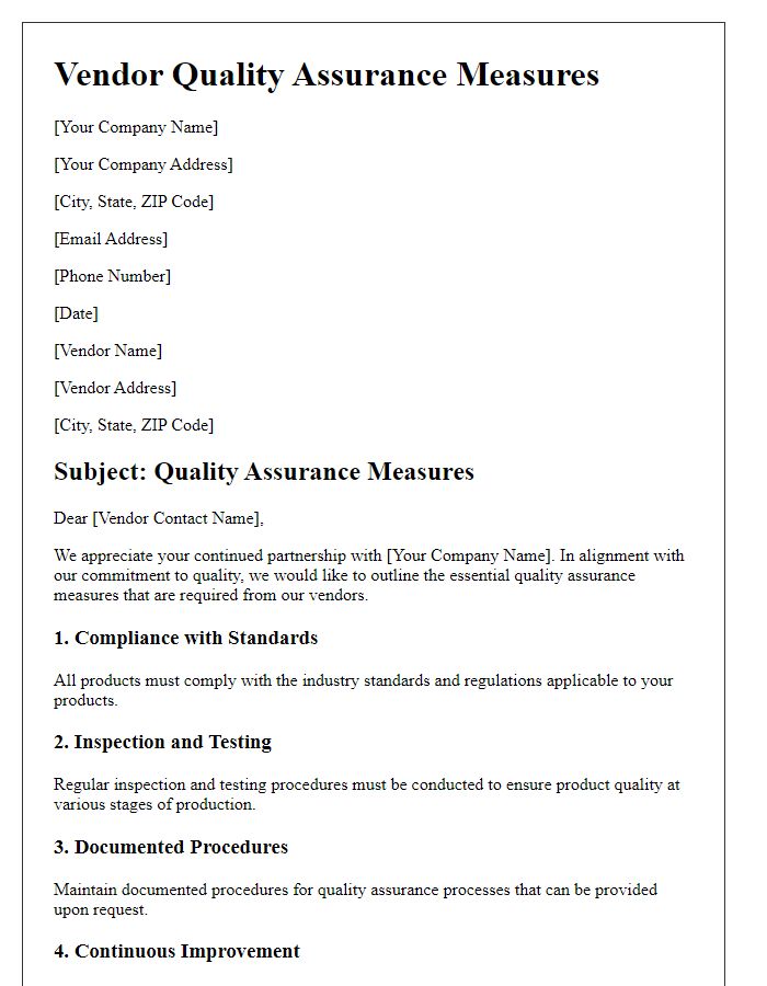 Letter template of vendor quality assurance measures