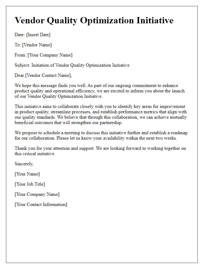 Letter template of vendor quality optimization initiative