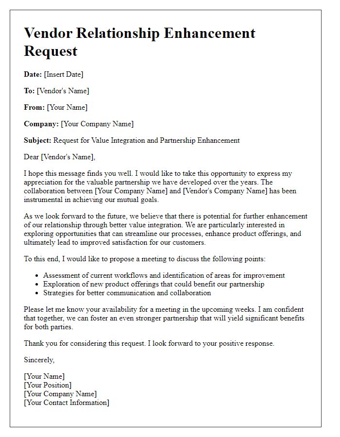 Letter template of vendor relationship enhancement request for value integration