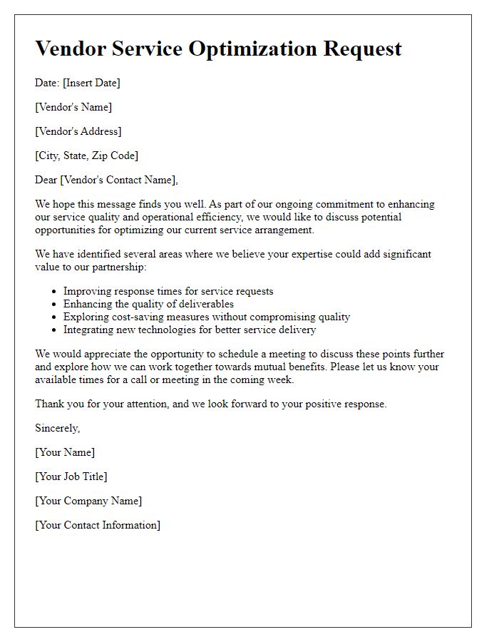 Letter template of vendor service optimization request for added value