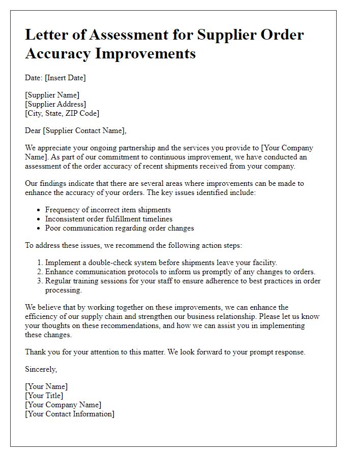 Letter template of assessment for supplier order accuracy improvements