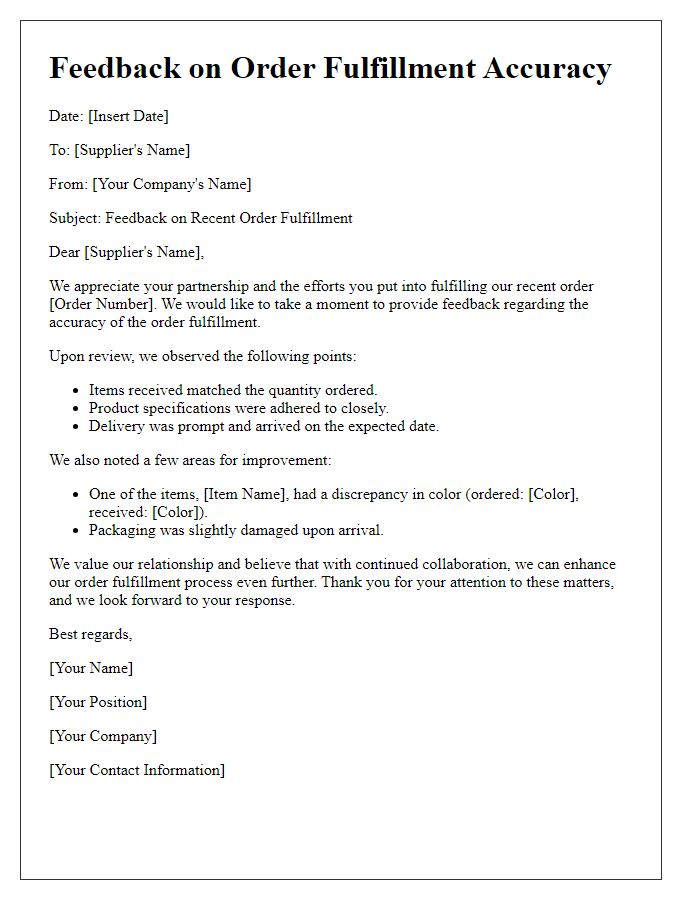 Letter template of feedback for supplier order fulfillment accuracy