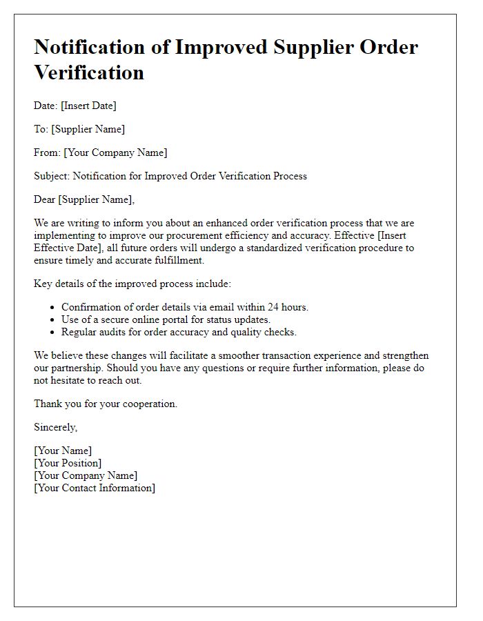 Letter template of notification for improved supplier order verification