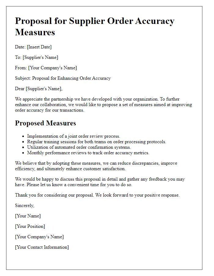 Letter template of proposal for supplier order accuracy measures