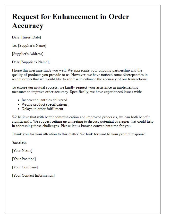 Letter template of request for supplier order accuracy enhancement