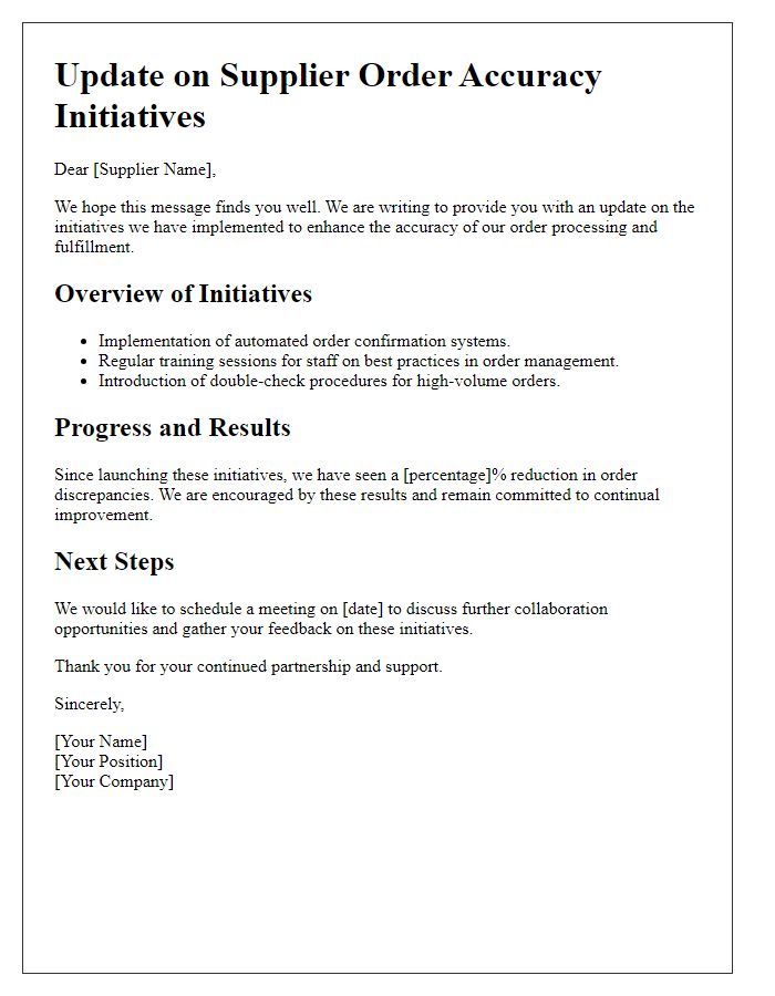 Letter template of update on supplier order accuracy initiatives