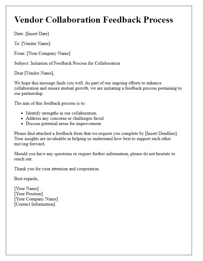 Letter template of vendor collaboration feedback process initiation